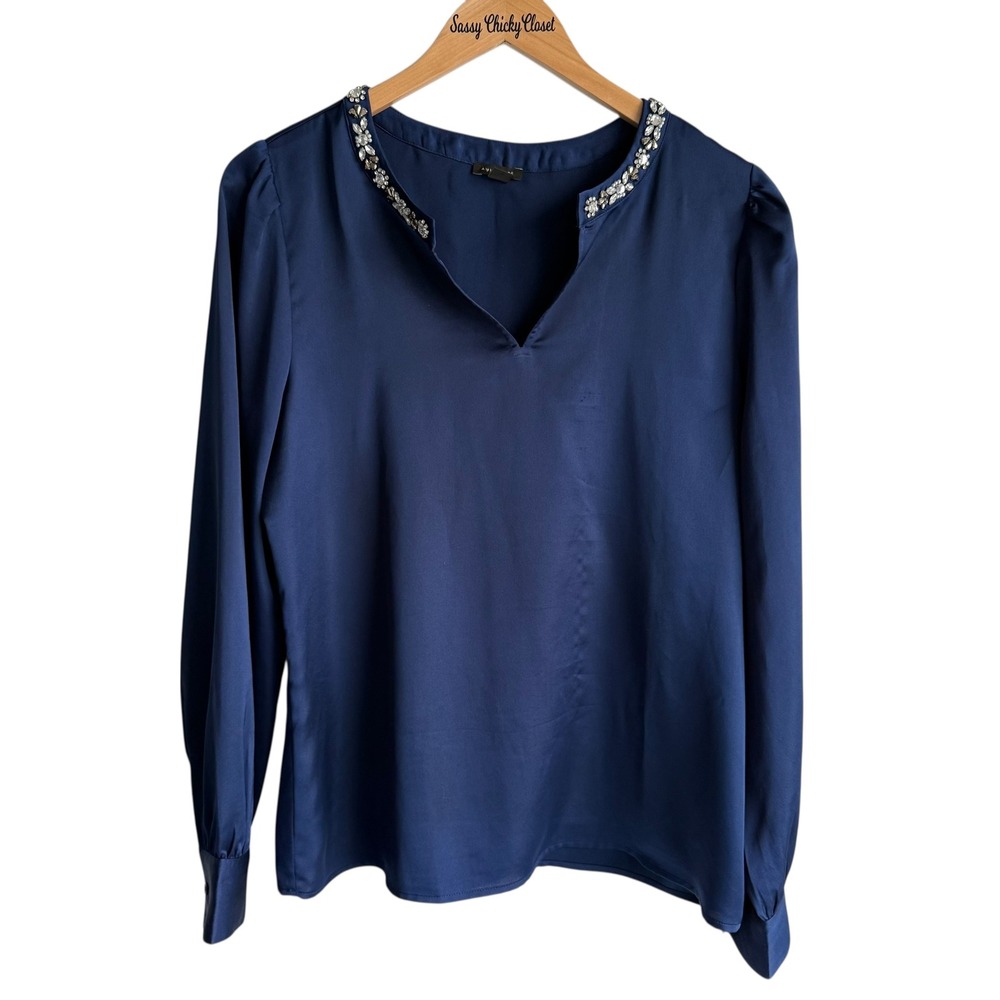 ANN TAYLOR‎ Dark Deep Blue Jeweled Split Neck Ladies Long Sleeve Blouse, M